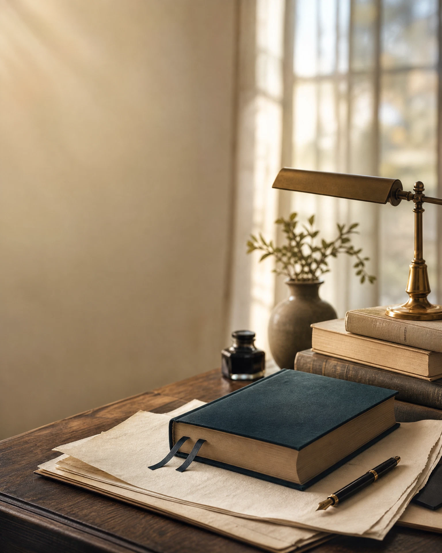 A warmly lit author’s desk with a Bible, manuscript pages, and books