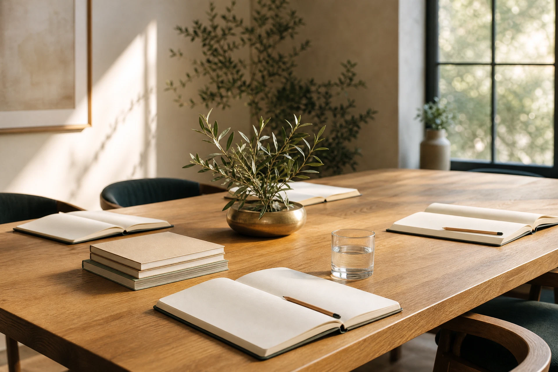 An oak meeting table prepared with notebooks for a leadership workshop