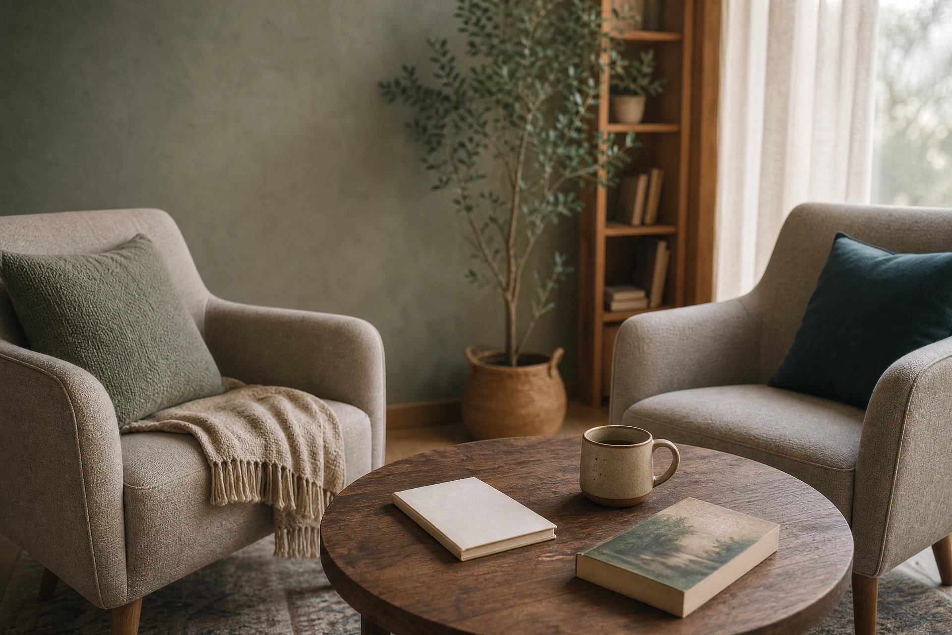 A calm, welcoming discussion room with two chairs and a journal
