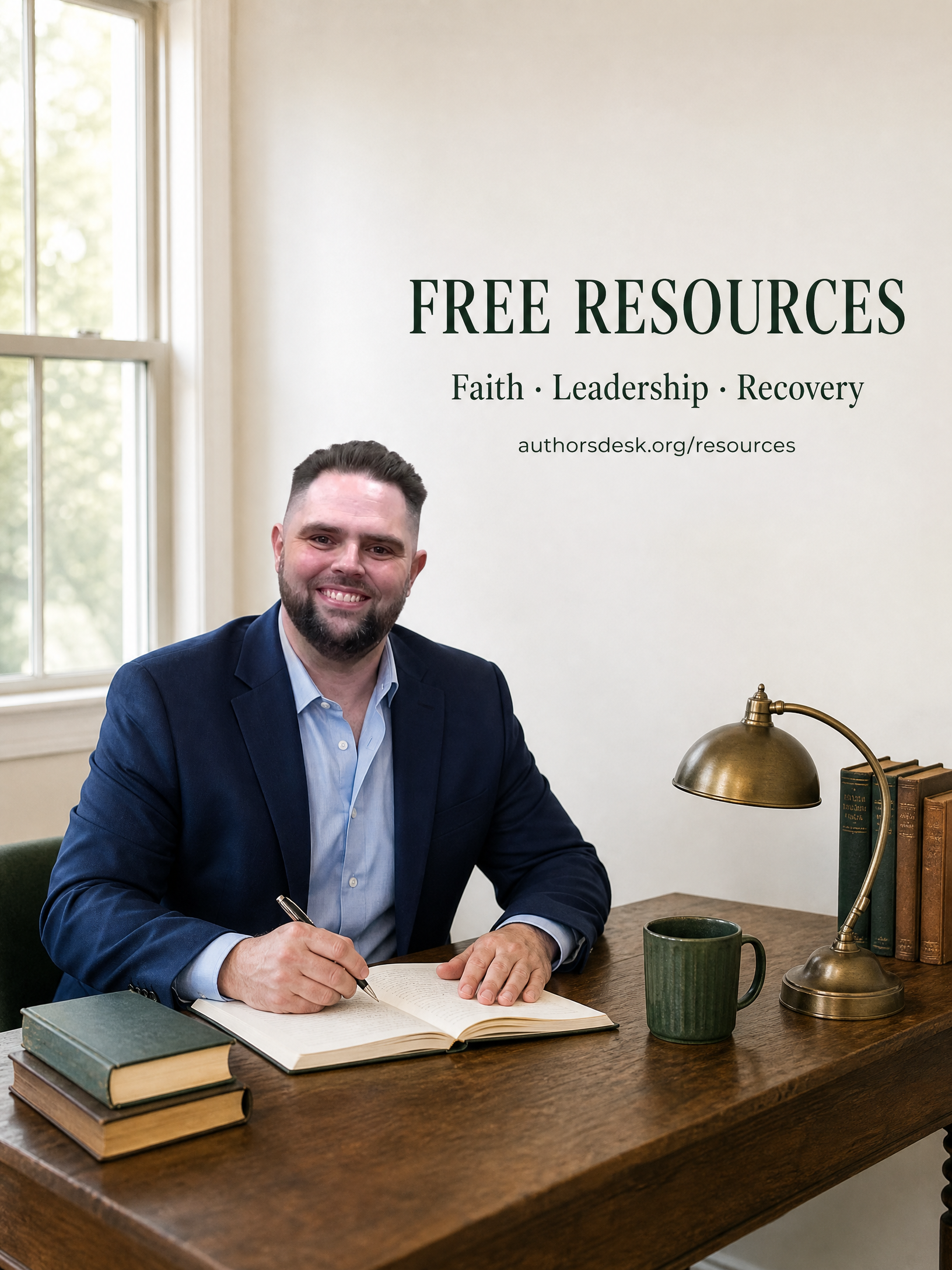 Dr. Bruce Proc Jr. at a study desk with Free Resources for Faith, Leadership, and Recovery